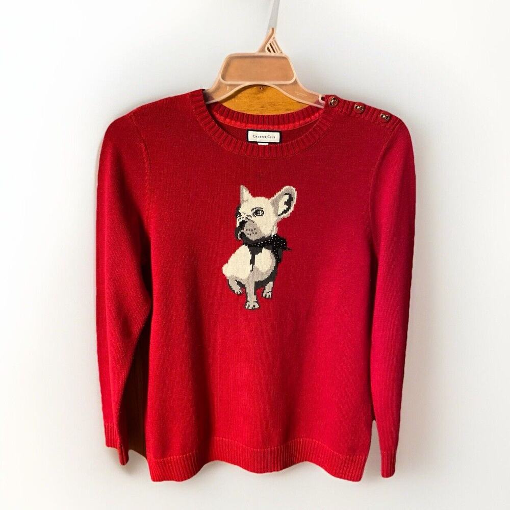 Charter Club Women's Cotton Blend Dog Red Long Sleeve Sweater Size L